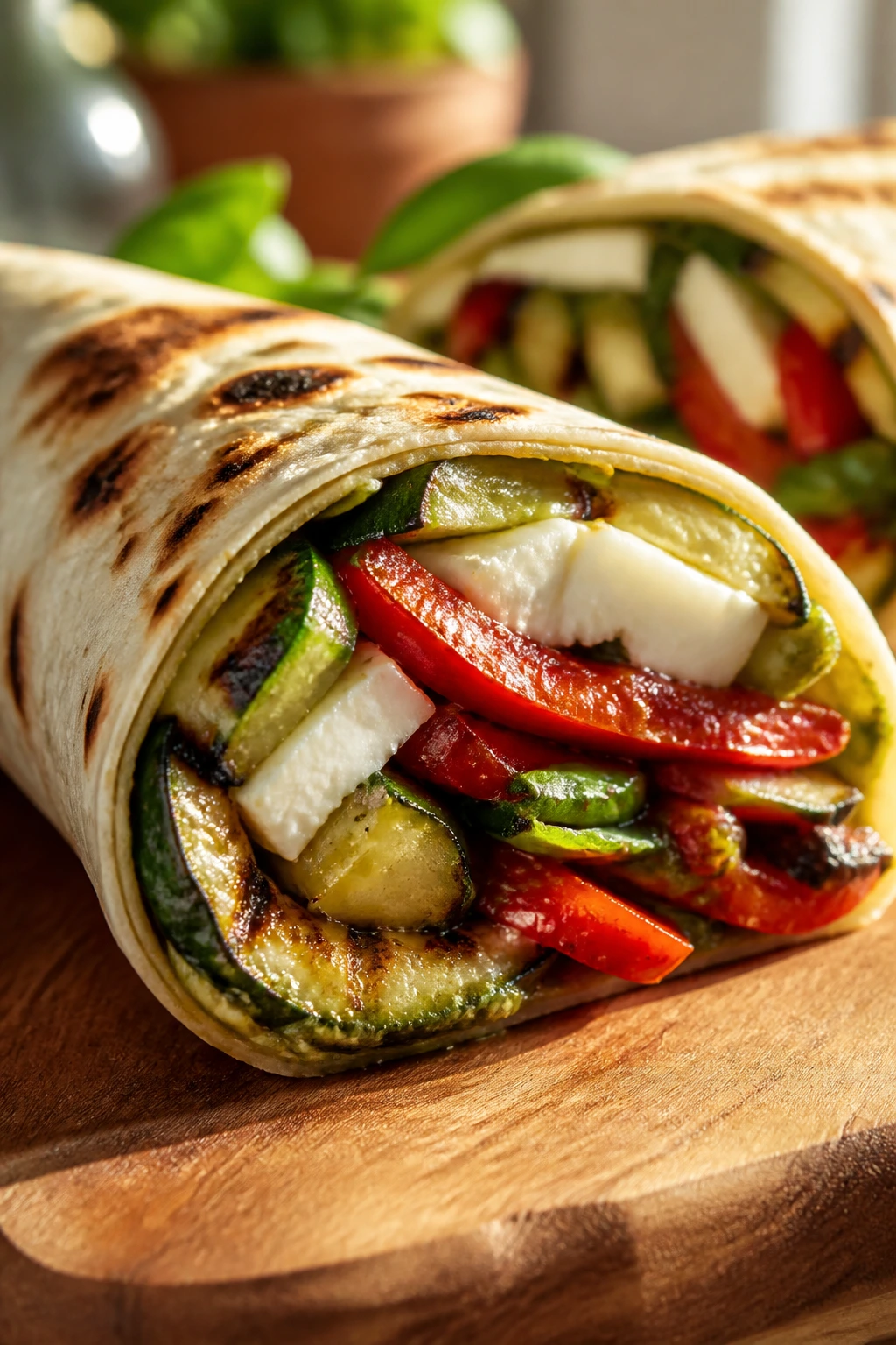 Close-up of grilled veggie mozzarella wrap filling