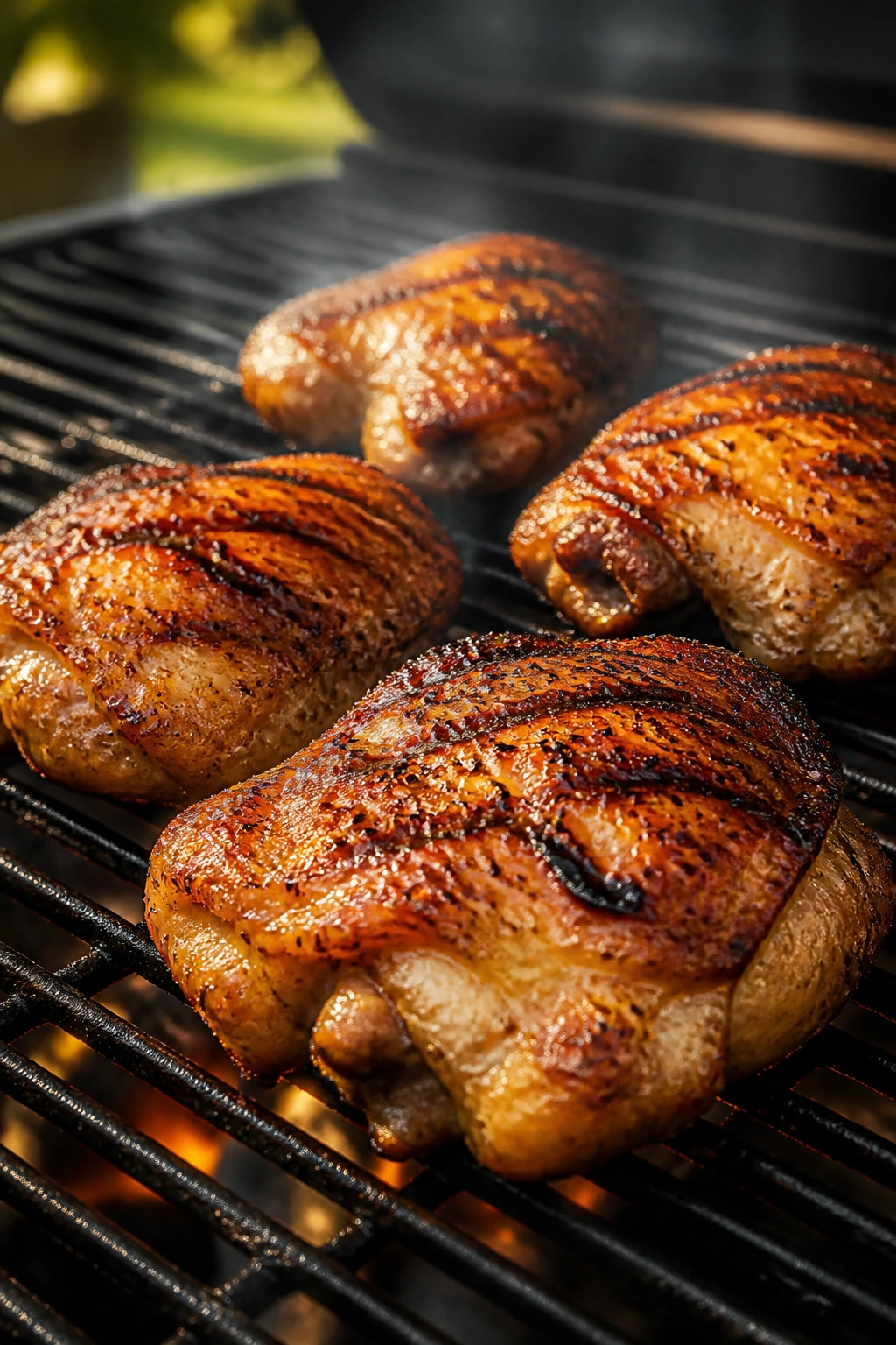 Juicy bone-in chicken thighs on a hot grill with crisp skin.
