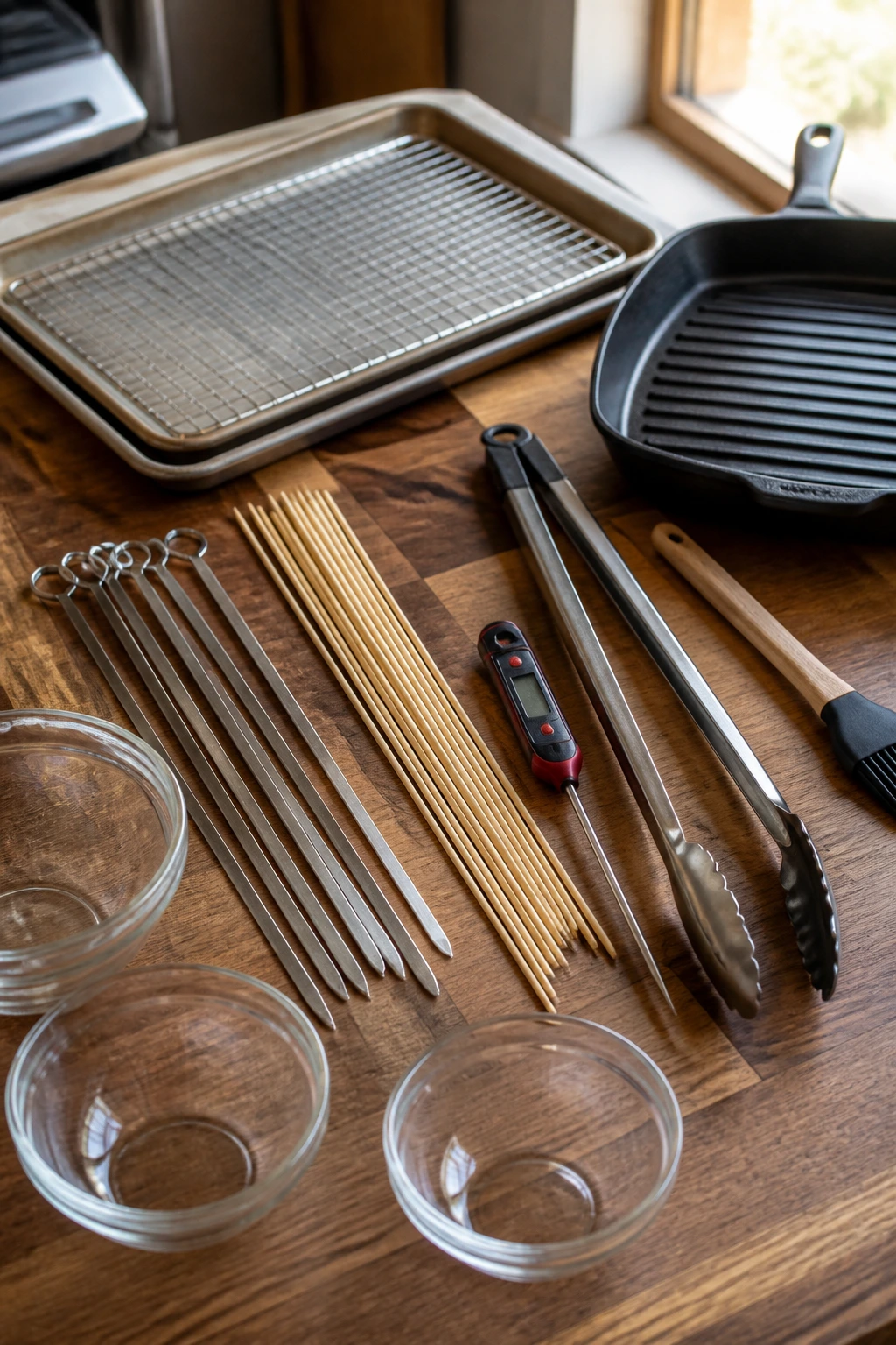 Close-up of essential grilling tools arranged on a wooden counter for tater tot skewers