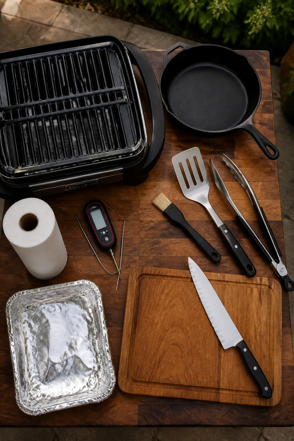 Top-down view of essential grilling tools on wood