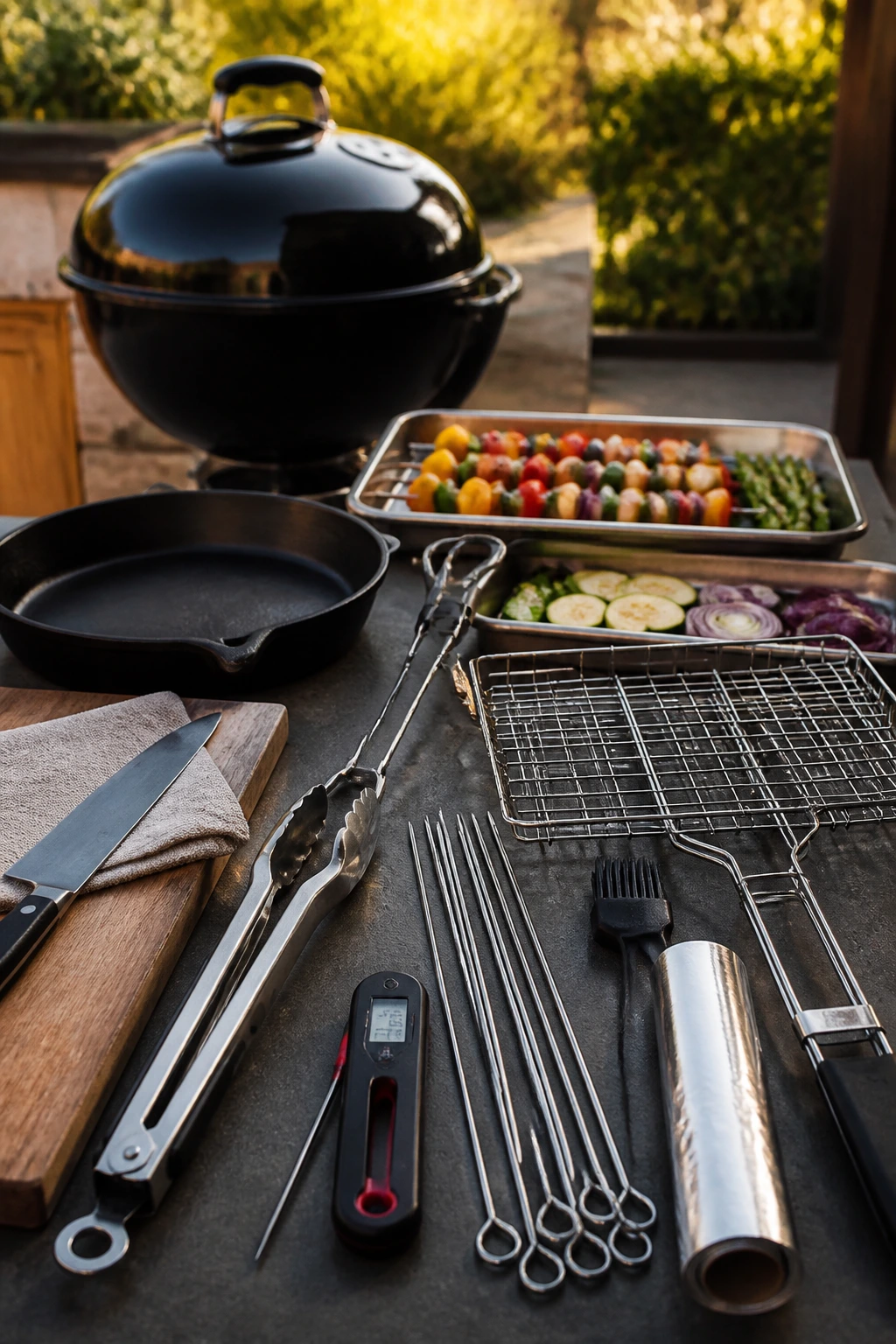 Close-up of essential grilling equipment arranged in an outdoor prep area