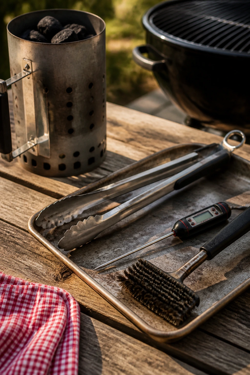 Close-up of grilling gear on a wooden table in a backyard, including chimney starter, tongs, thermometer, grill brush, and sheet pan.