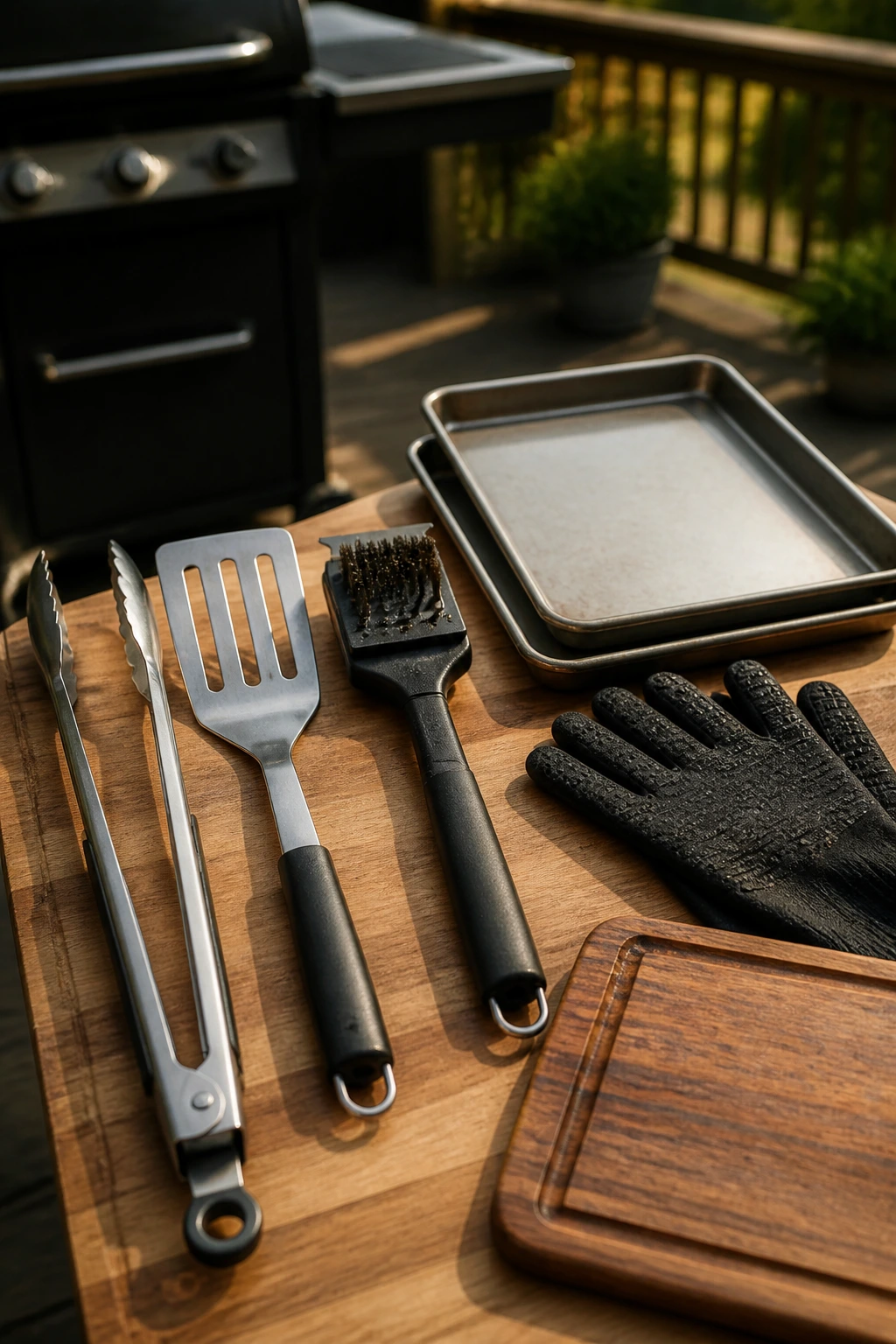 Close-up of essential backyard grilling tools arranged on a board