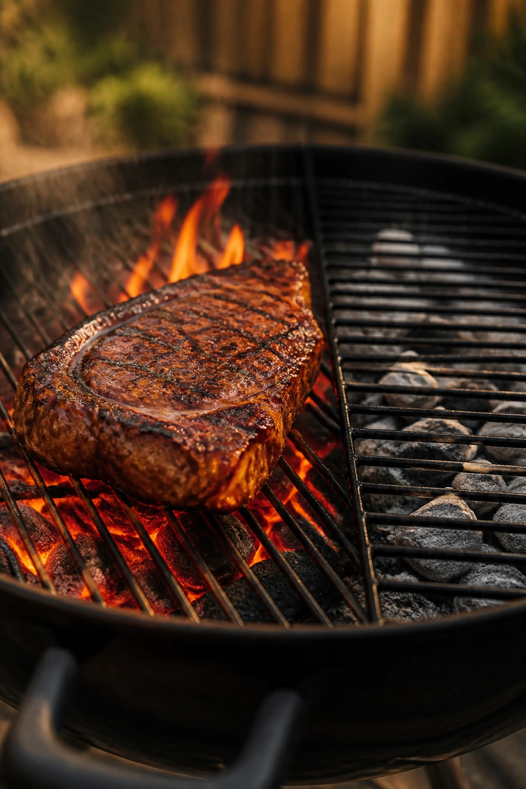 Close-up of steak on a two-zone grill showing direct heat sear and indirect finish