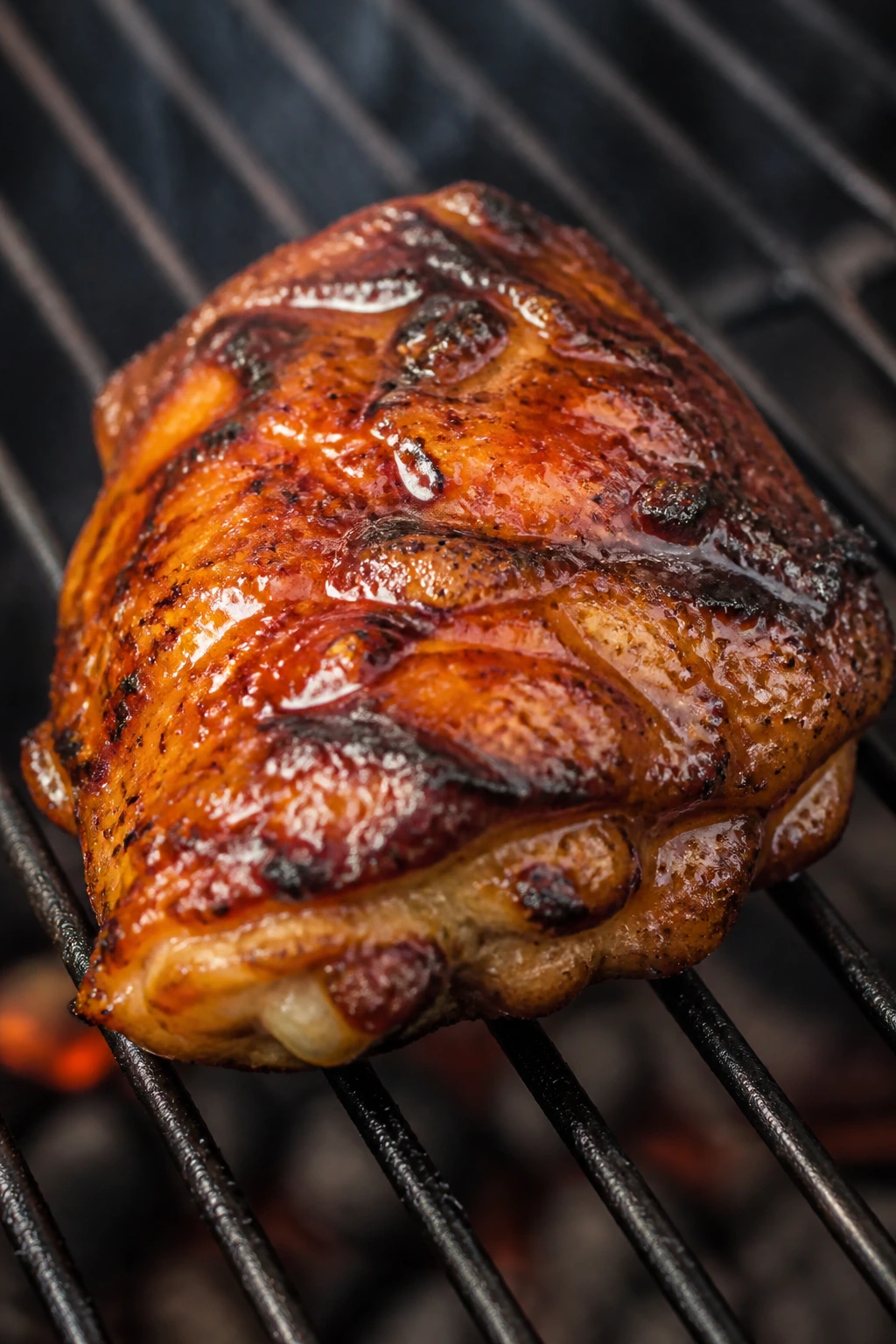 Grilled honey BBQ chicken thigh on grill