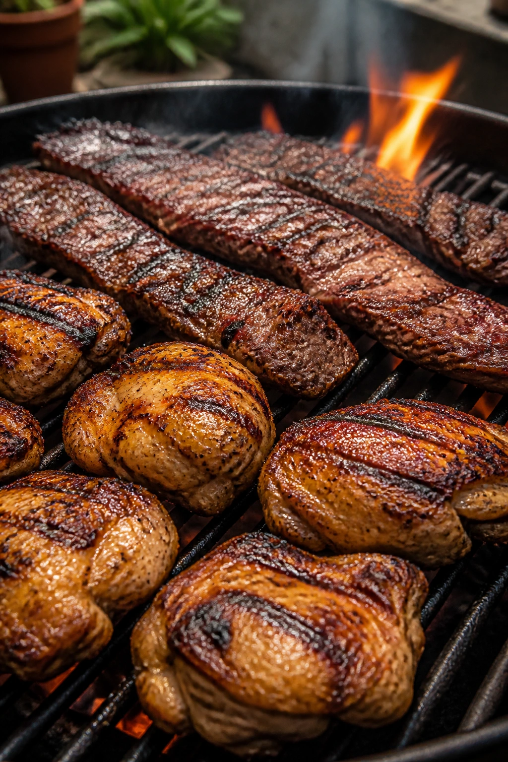 Close-up of juicy chicken thighs and skirt steak grilling on a backyard grill