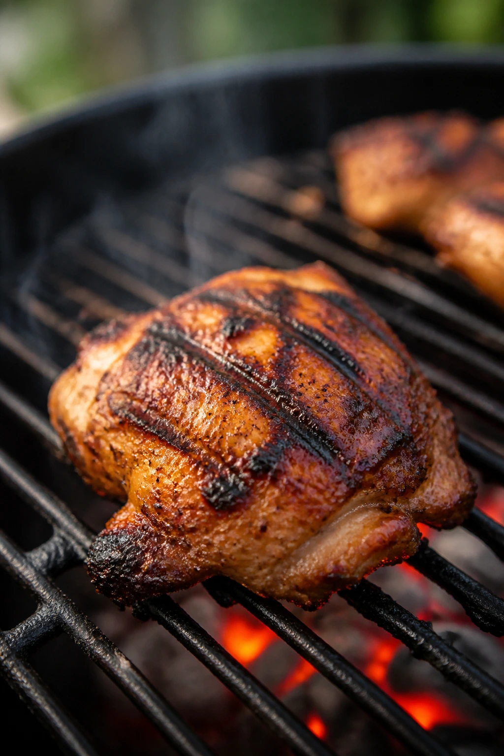 Close-up of marinated chicken thigh searing on direct heat with grill marks