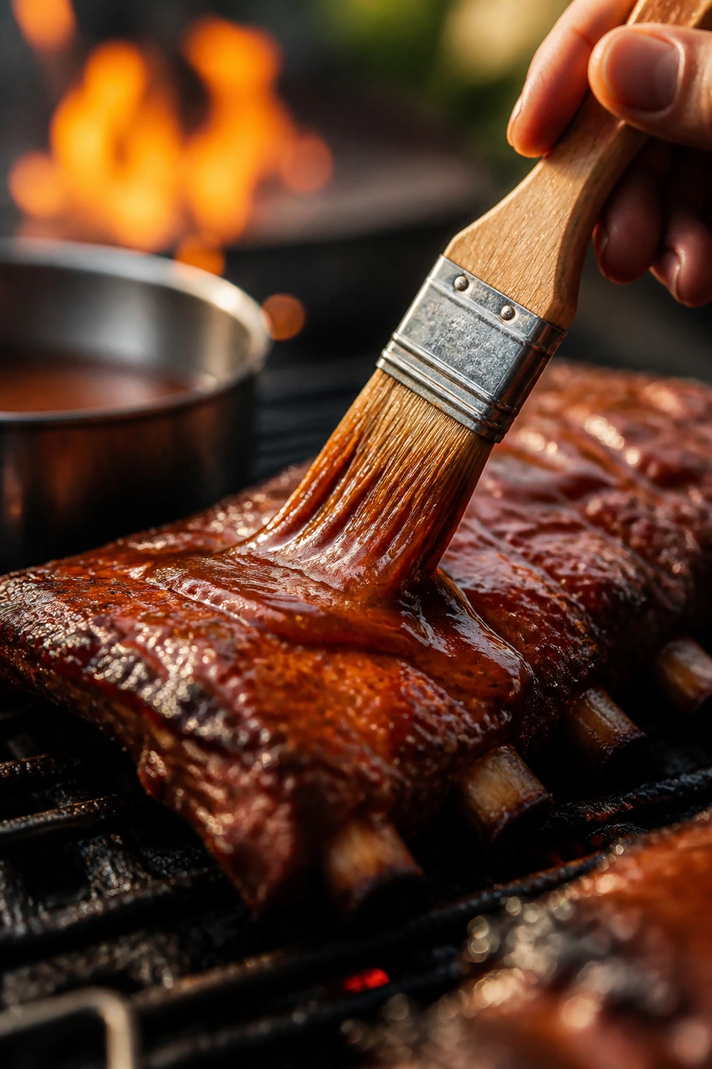 Close-up of glossy barbecue sauce on ribs during final minutes in a backyard grill