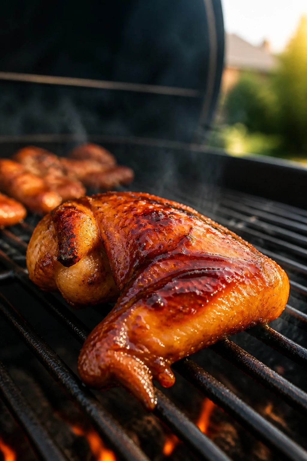 Glazed chicken wing on grill in a backyard setting