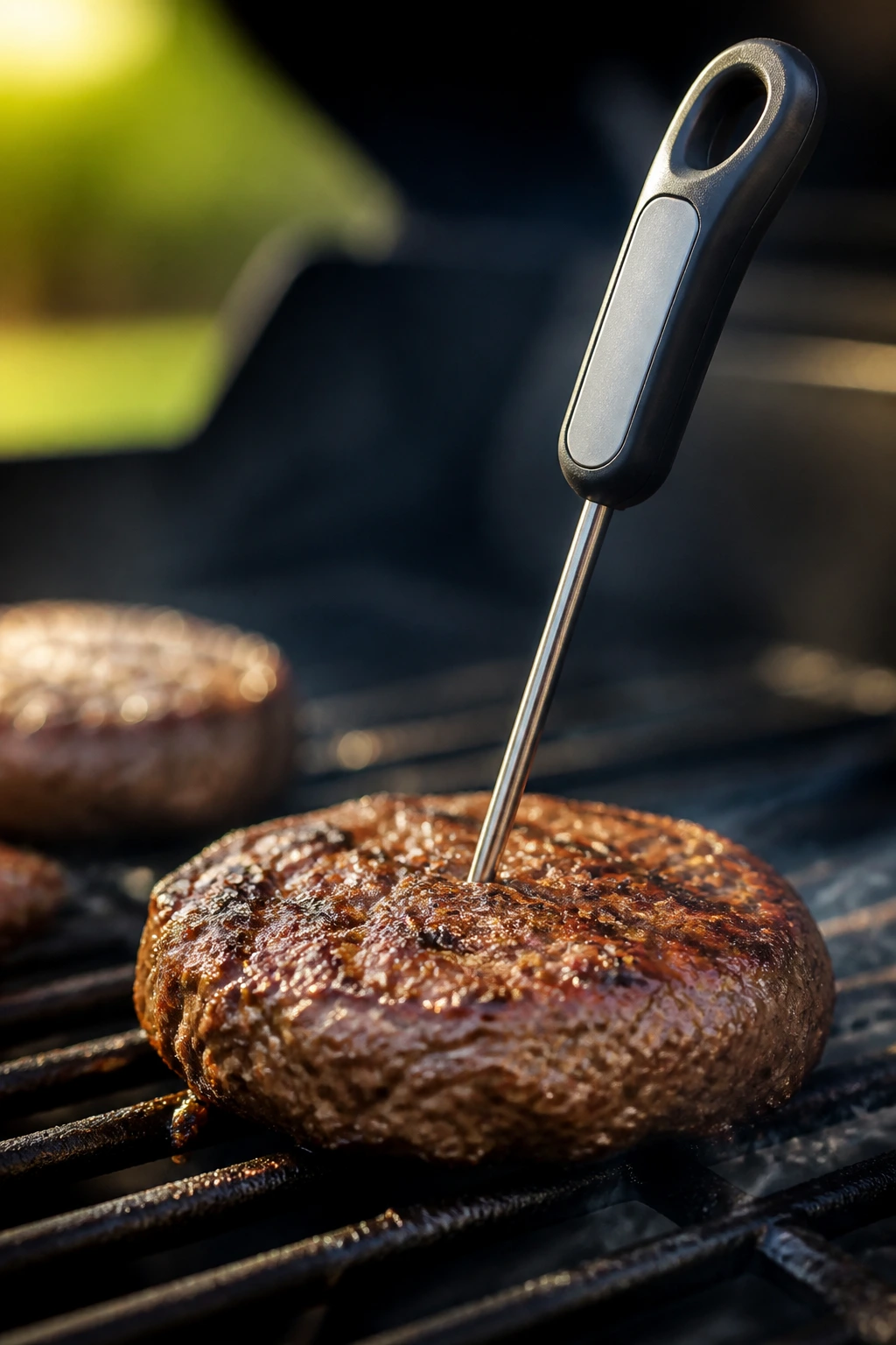 Instant-read thermometer inserted into a grilled burger during backyard grilling