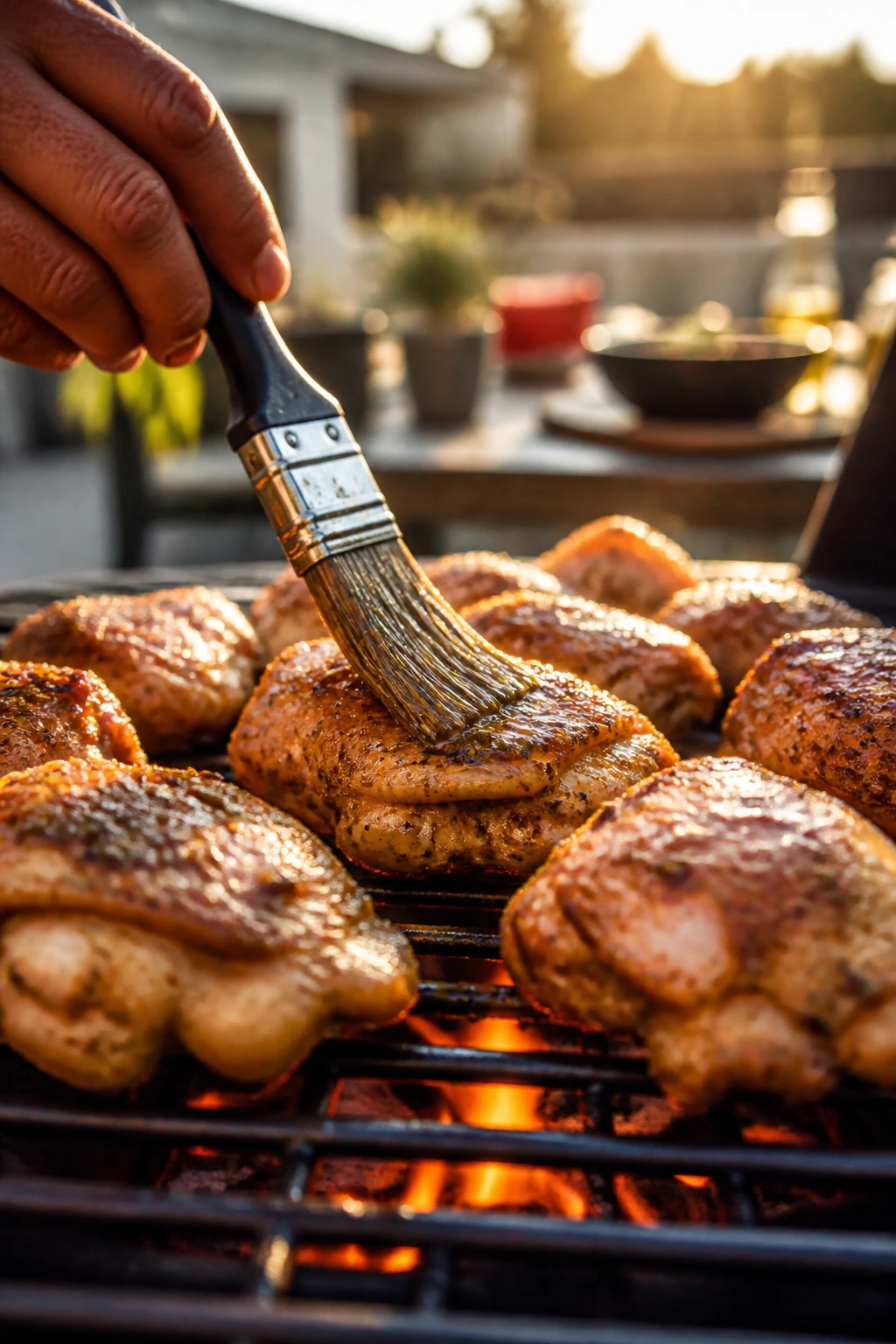 Close-up of brushed marinated chicken on a grill in a backyard
