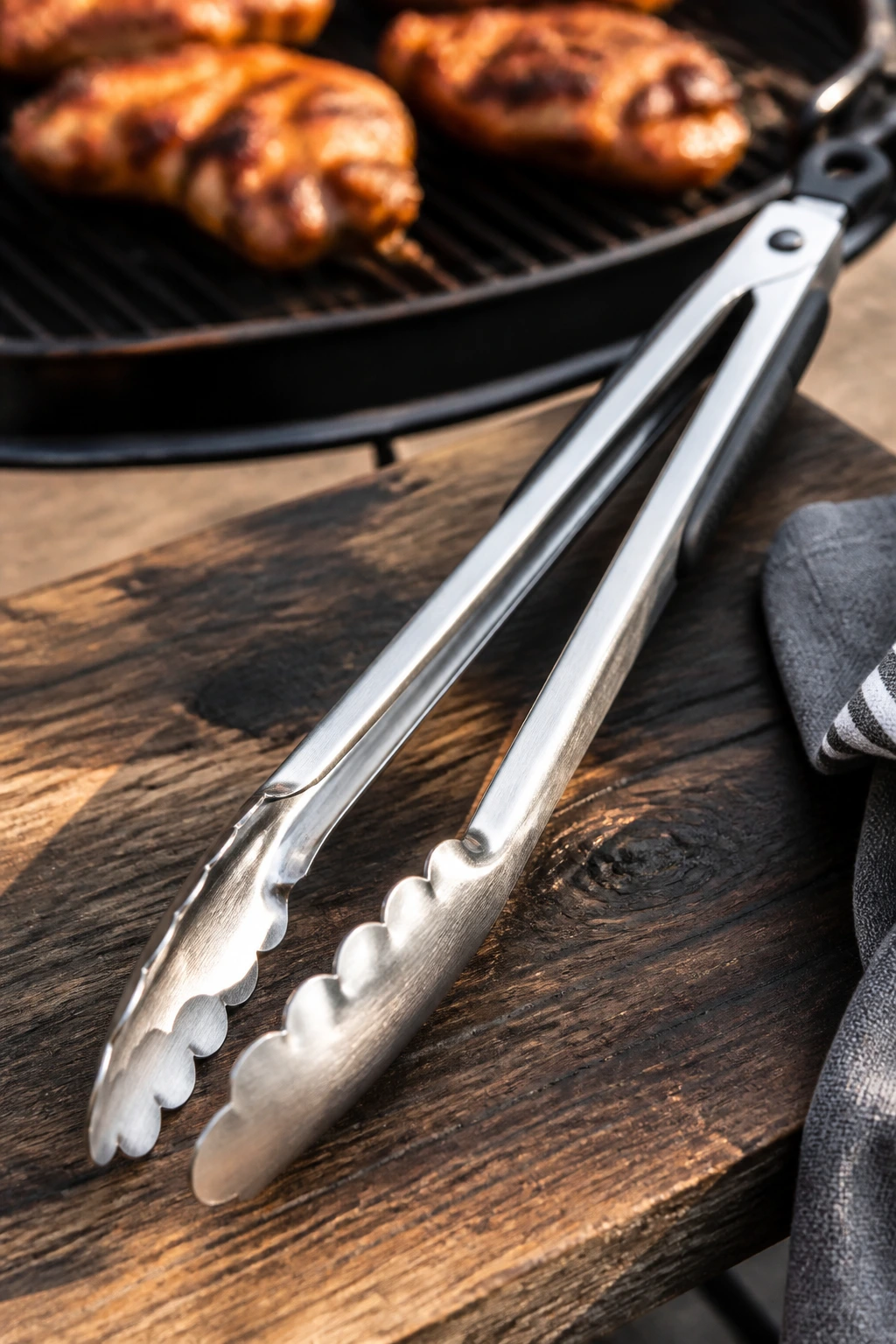 Long stainless steel grilling tongs on a wooden surface