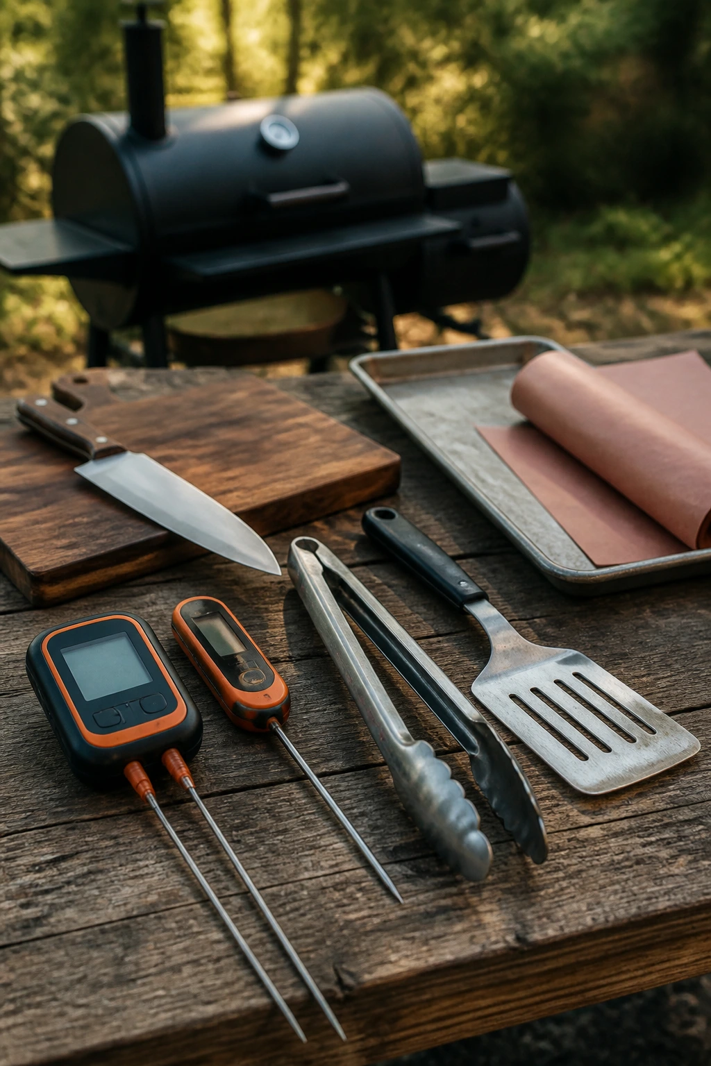 Close-up of essential grilling tools on a wooden surface with a smoker in the background