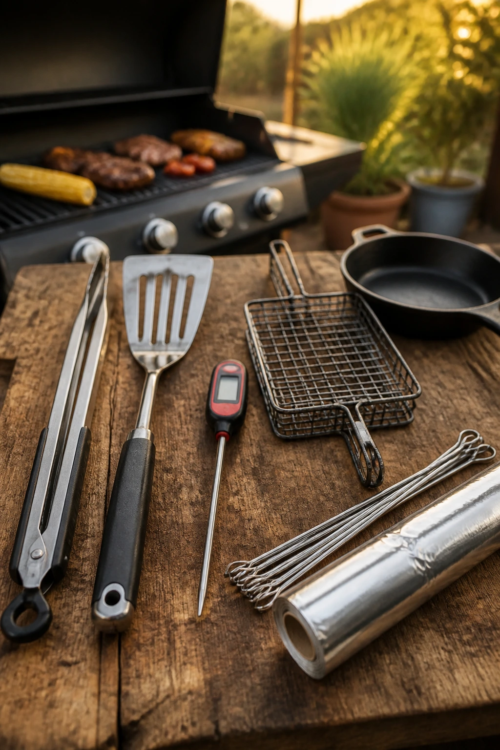 Close-up of essential grilling tools on a wooden board in a backyard