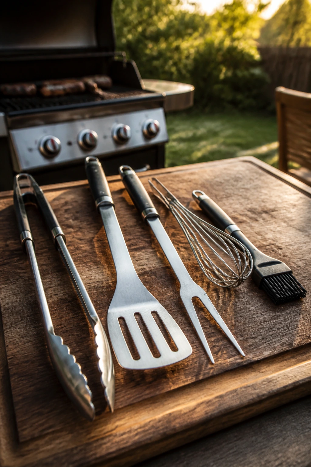Close-up of essential grilling tools on a wooden board in a backyard