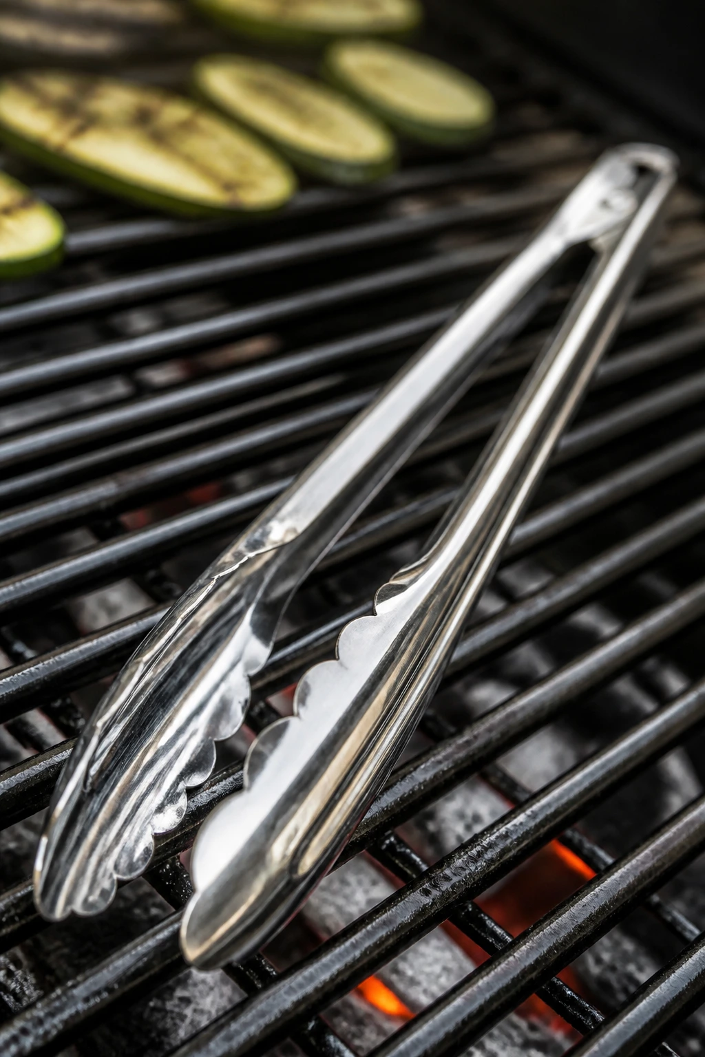Close-up of a shiny grilling tong on a grill rack