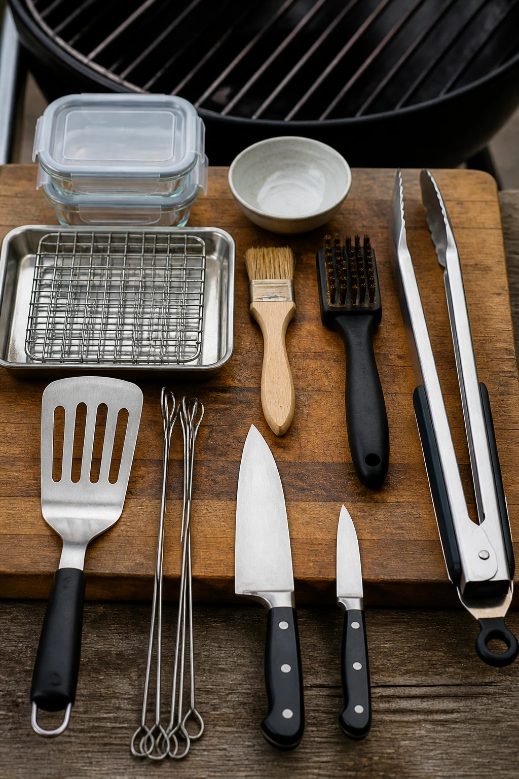 Top-down view of essential grilling tools for fruit on a cutting board