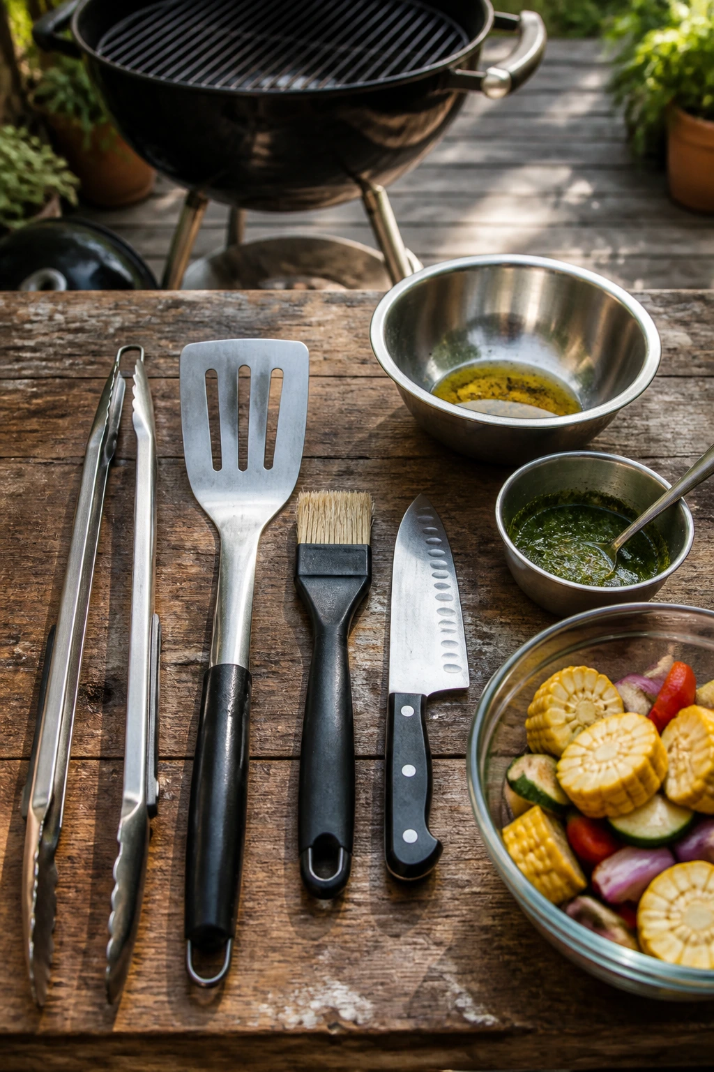 Essential grilling tools arranged on wooden table outdoors