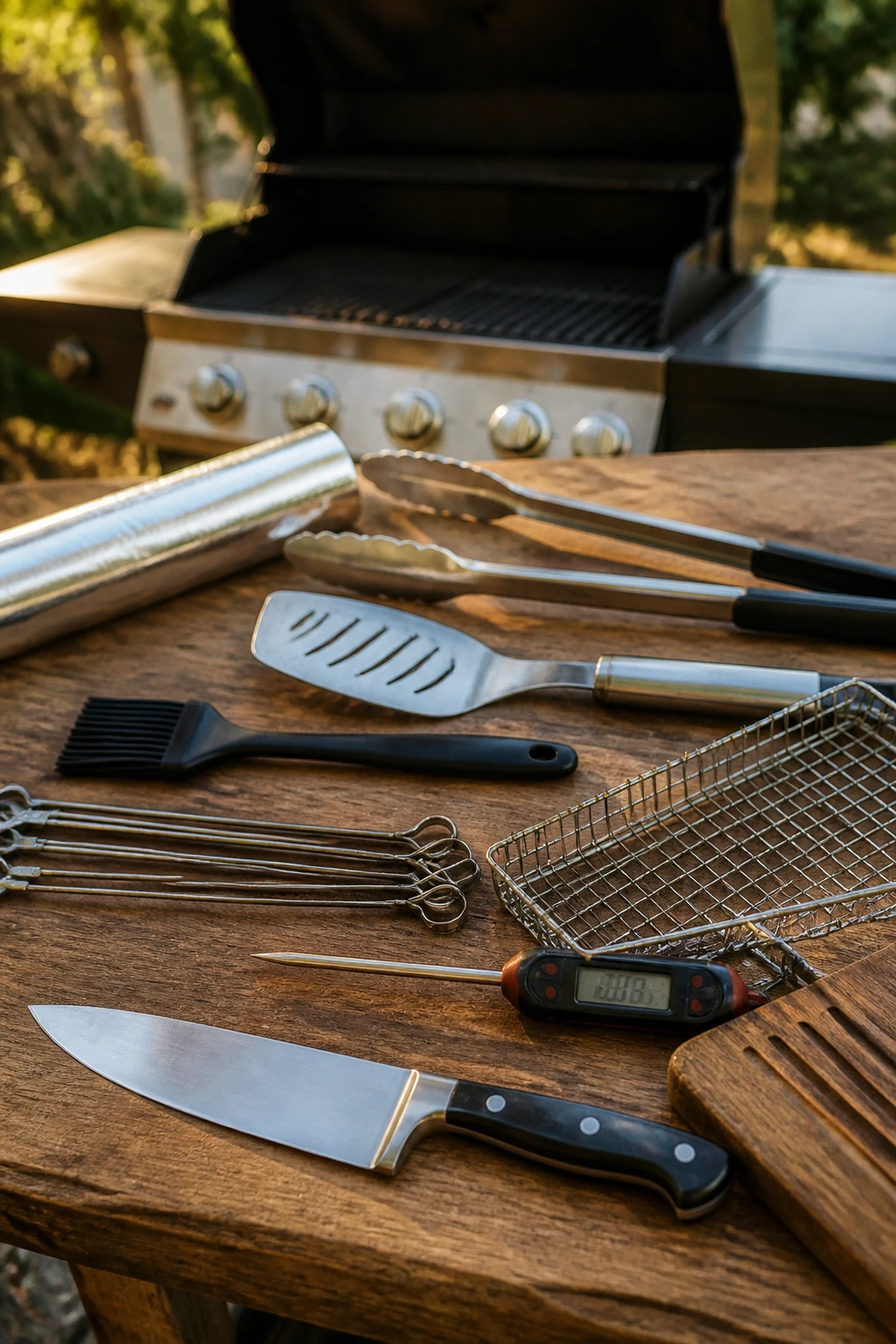 Close-up of essential grilling equipment on wood with outdoor grill in soft focus