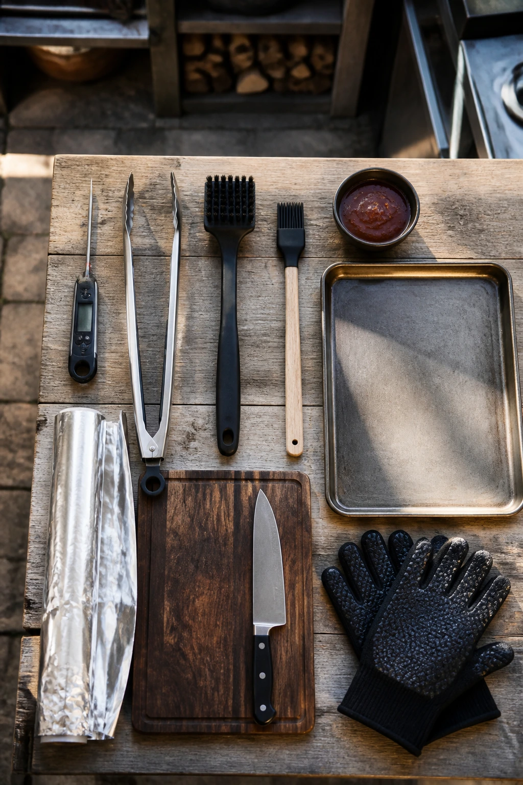 Top-down view of grilling tools on wooden board