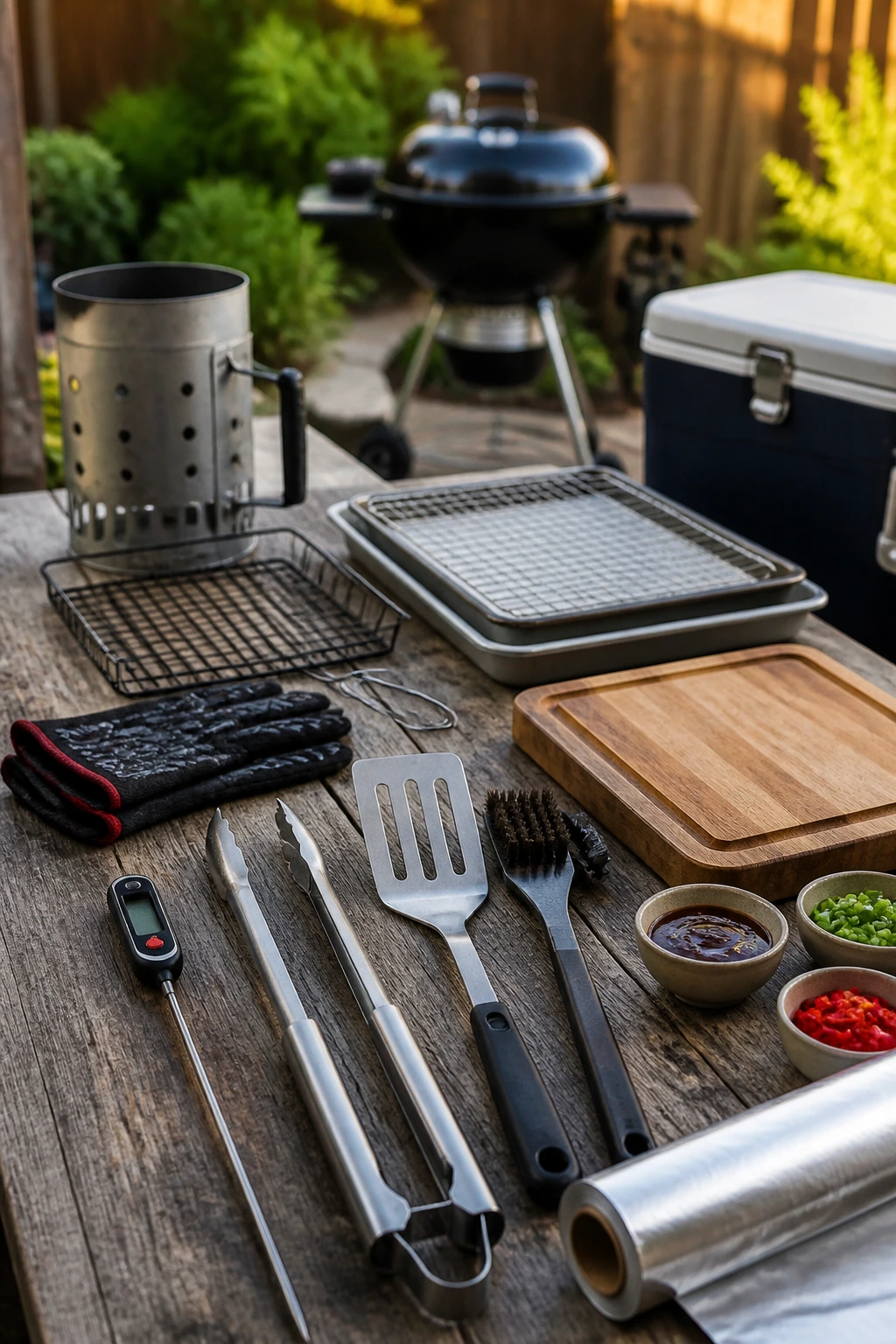 Close-up of essential backyard grilling tools neatly laid out on a wooden surface