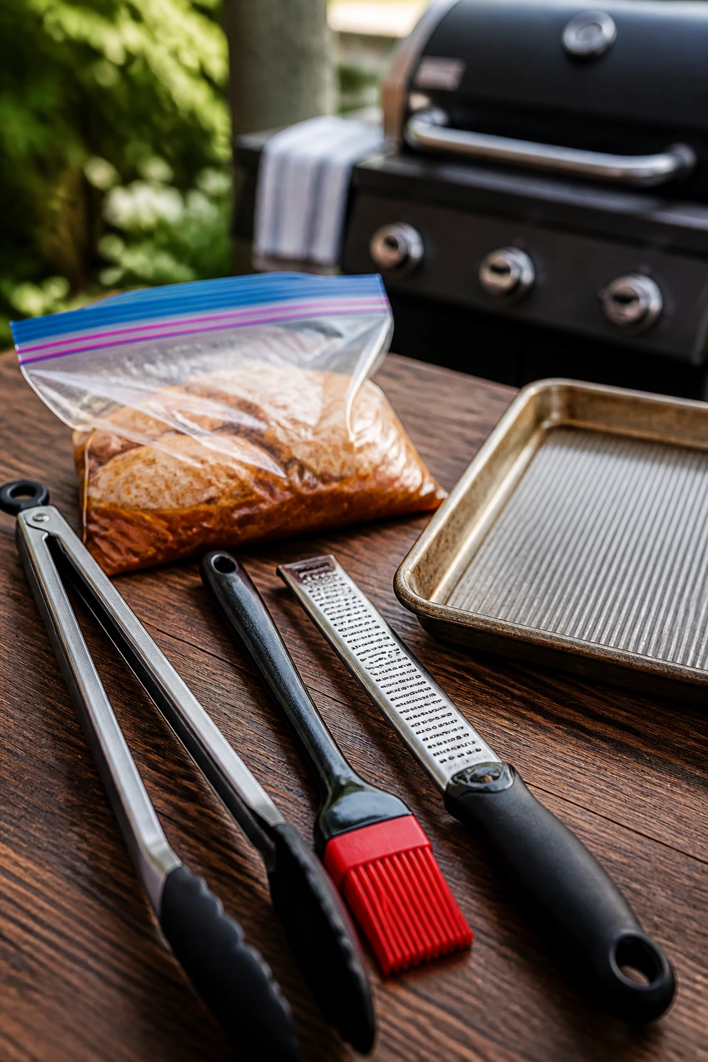 Set of grilling tools on a wooden table with grill in background