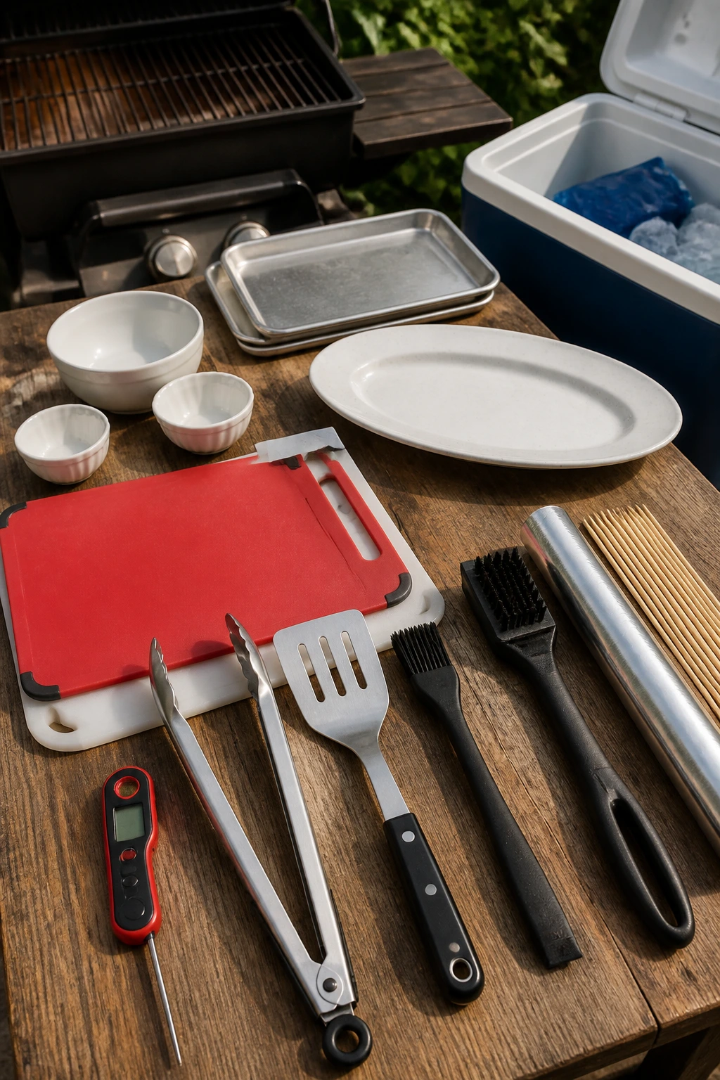 Top-down view of a neatly arranged grilling toolkit with essential tools on a wooden table outdoors.