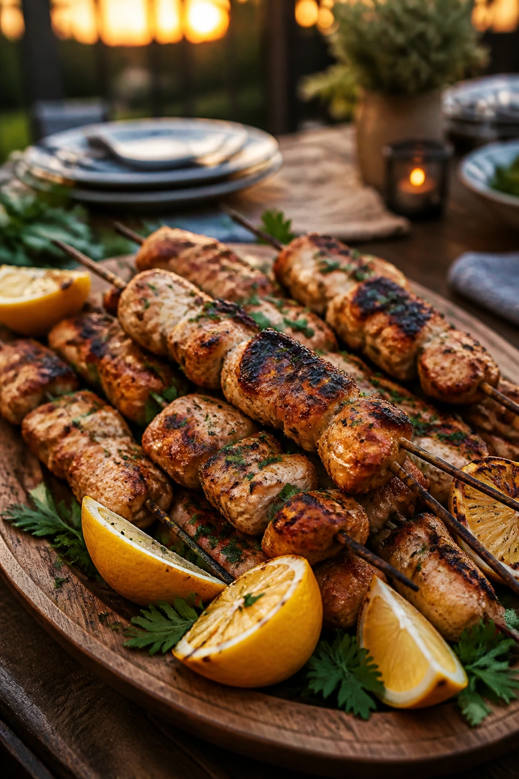 Platter of charred chicken skewers with lemon and herbs on an outdoor table