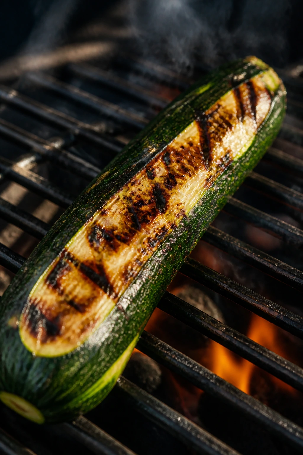 Zucchini on grill with char marks in backyard