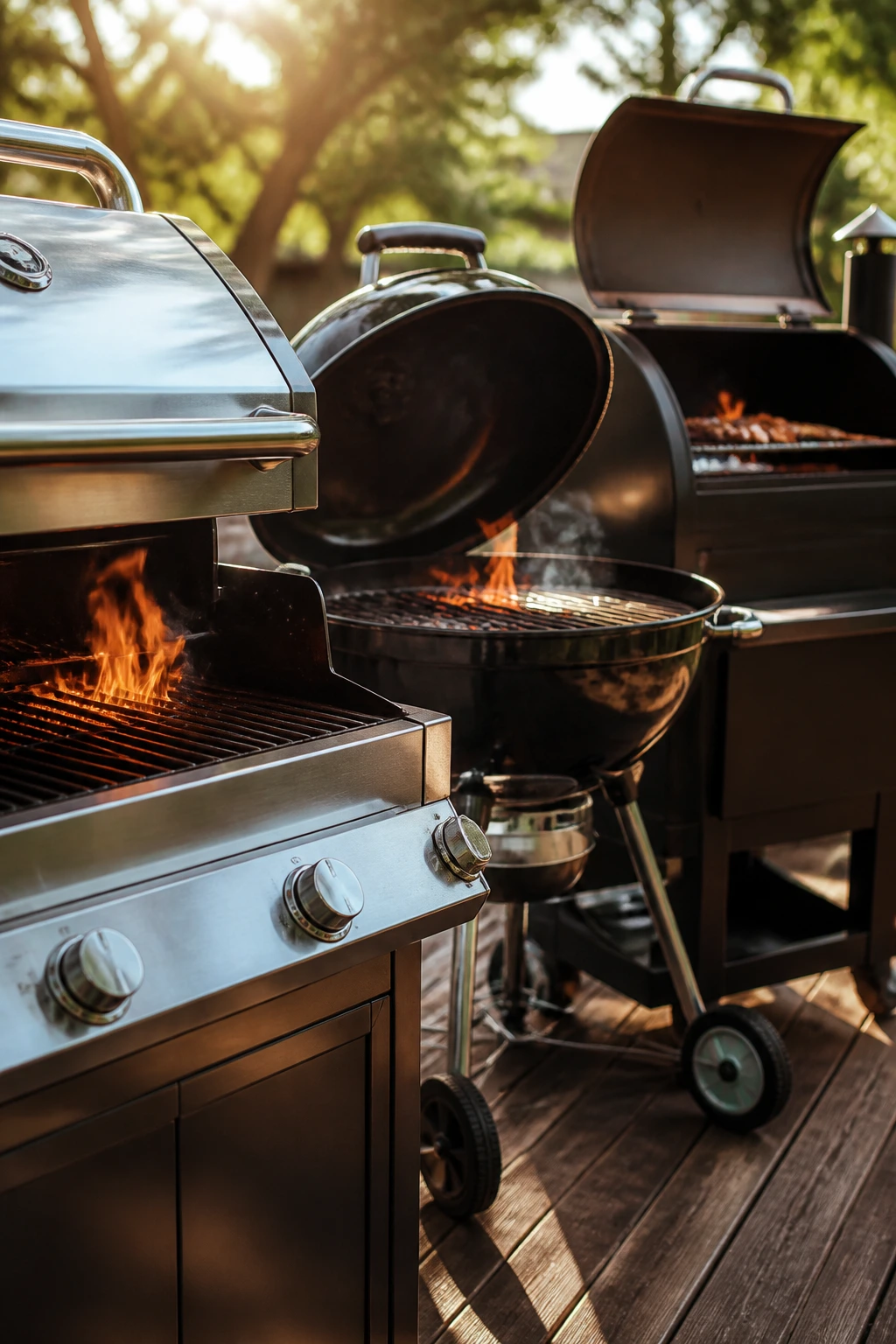 Close-up of three grills (gas, charcoal, pellet) dominating a sunlit backyard