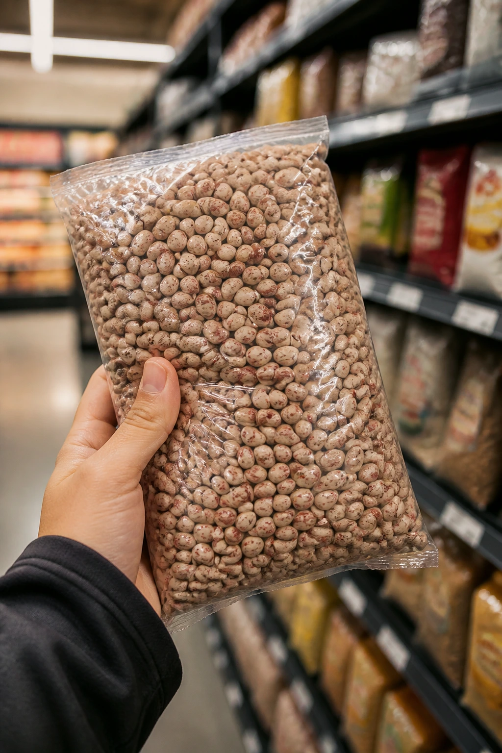 Close-up of a bag of dried beans held in a grocery aisle