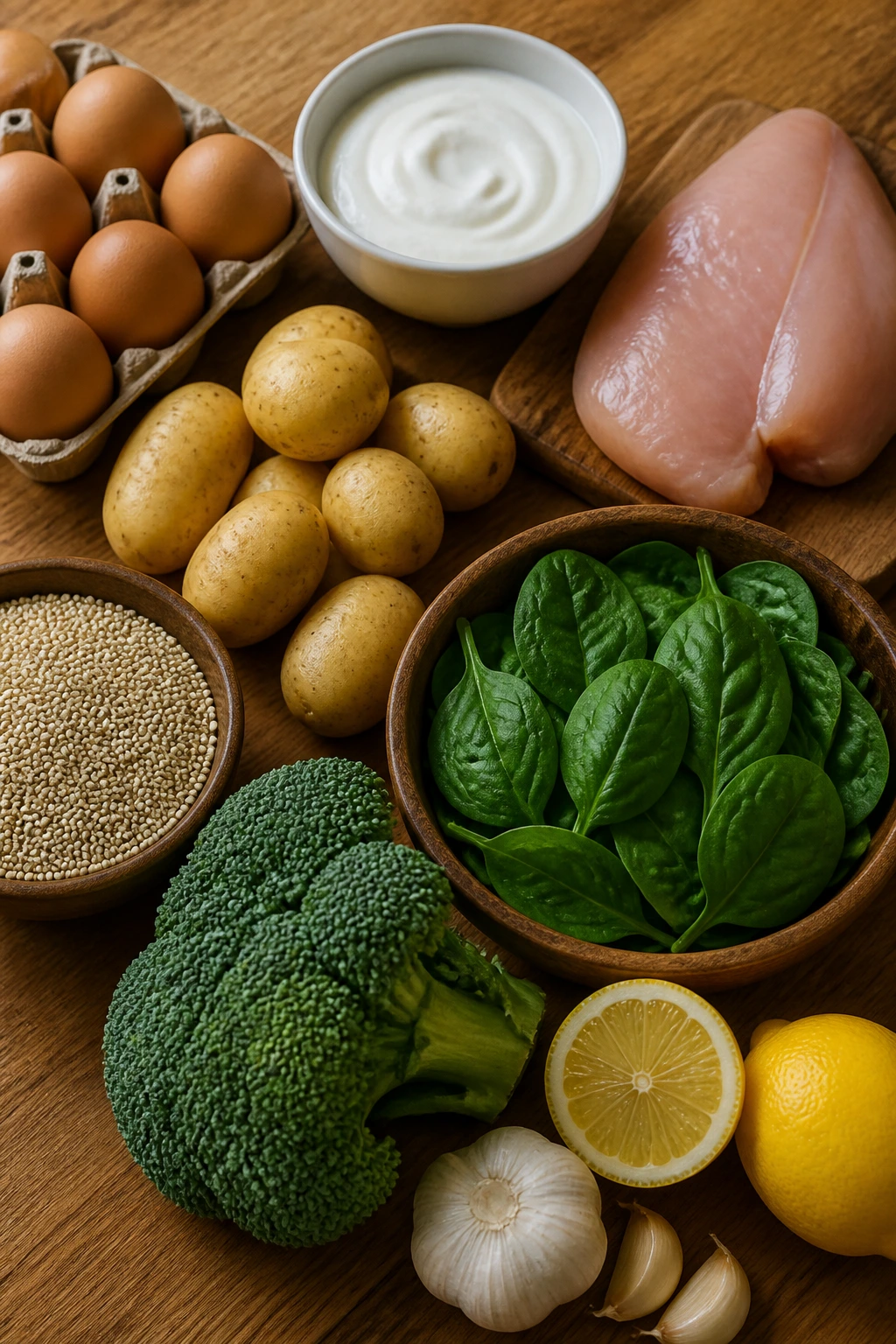 Top-down view of groceries including eggs, yogurt, chicken, greens, and citrus.