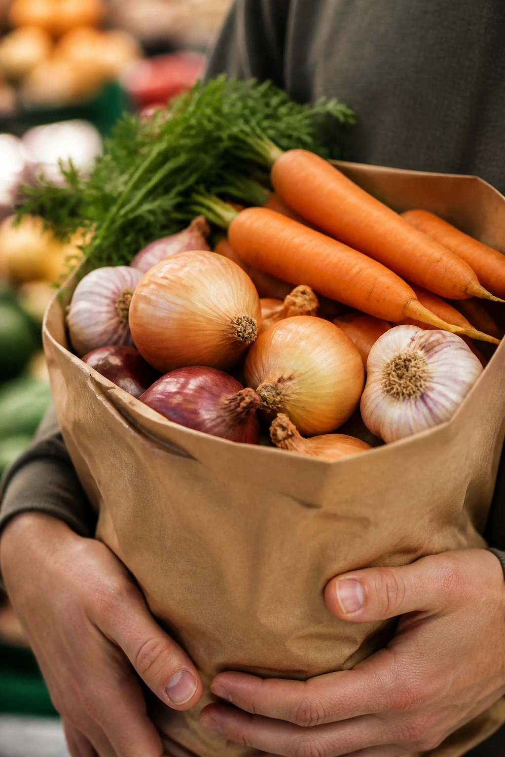 Grocery bag with fresh onions, carrots, and garlic in market lighting.