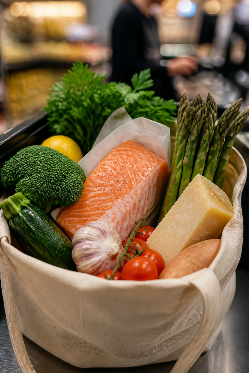 Grocery bag filled with fresh produce and cheese