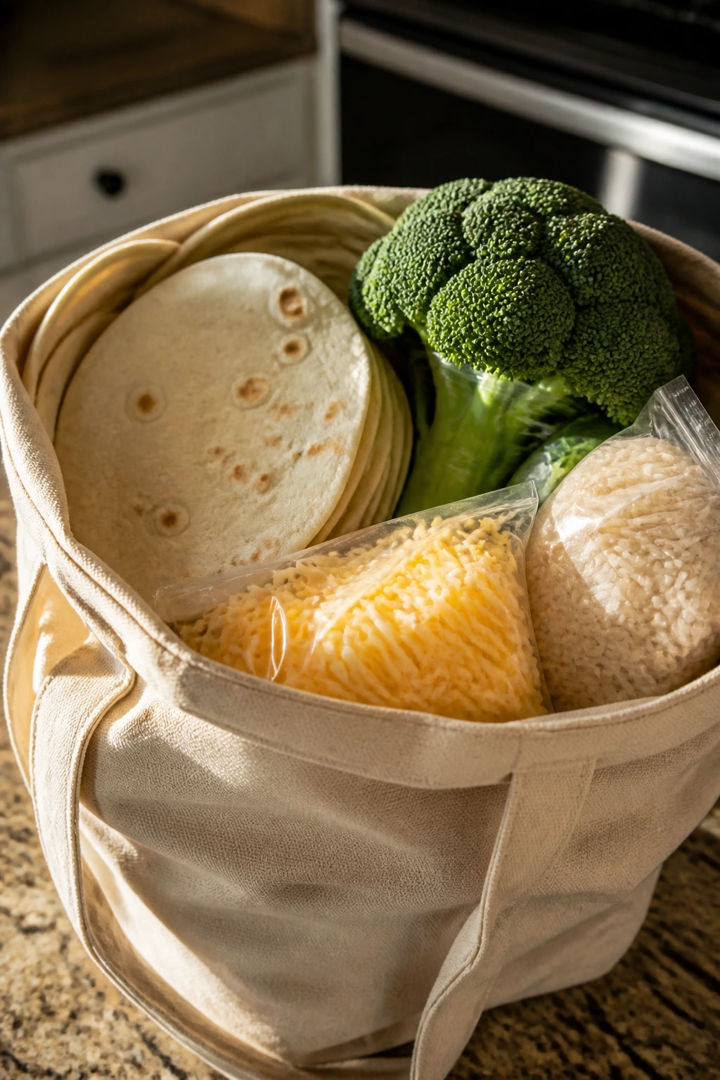 Reusable grocery bag with staple ingredients on a kitchen counter