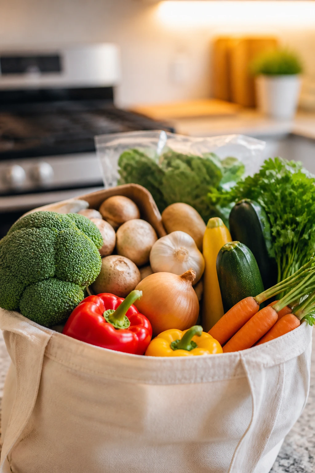 Unbranded reusable bag with fresh produce on kitchen counter