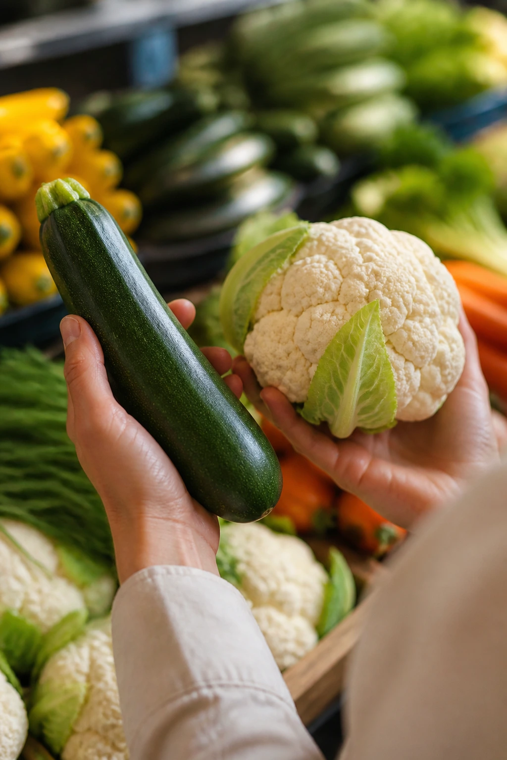 Hands selecting zucchini and cauliflower at a grocery store produce display