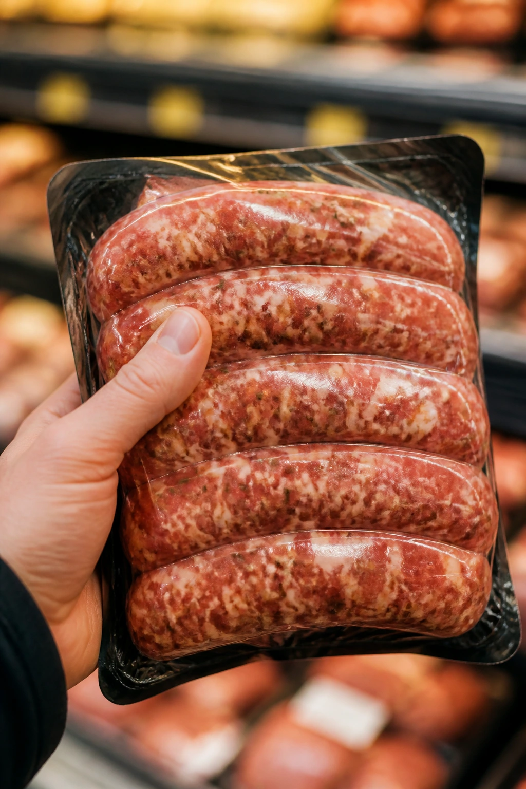 Hand holding Italian sausage package in a grocery store