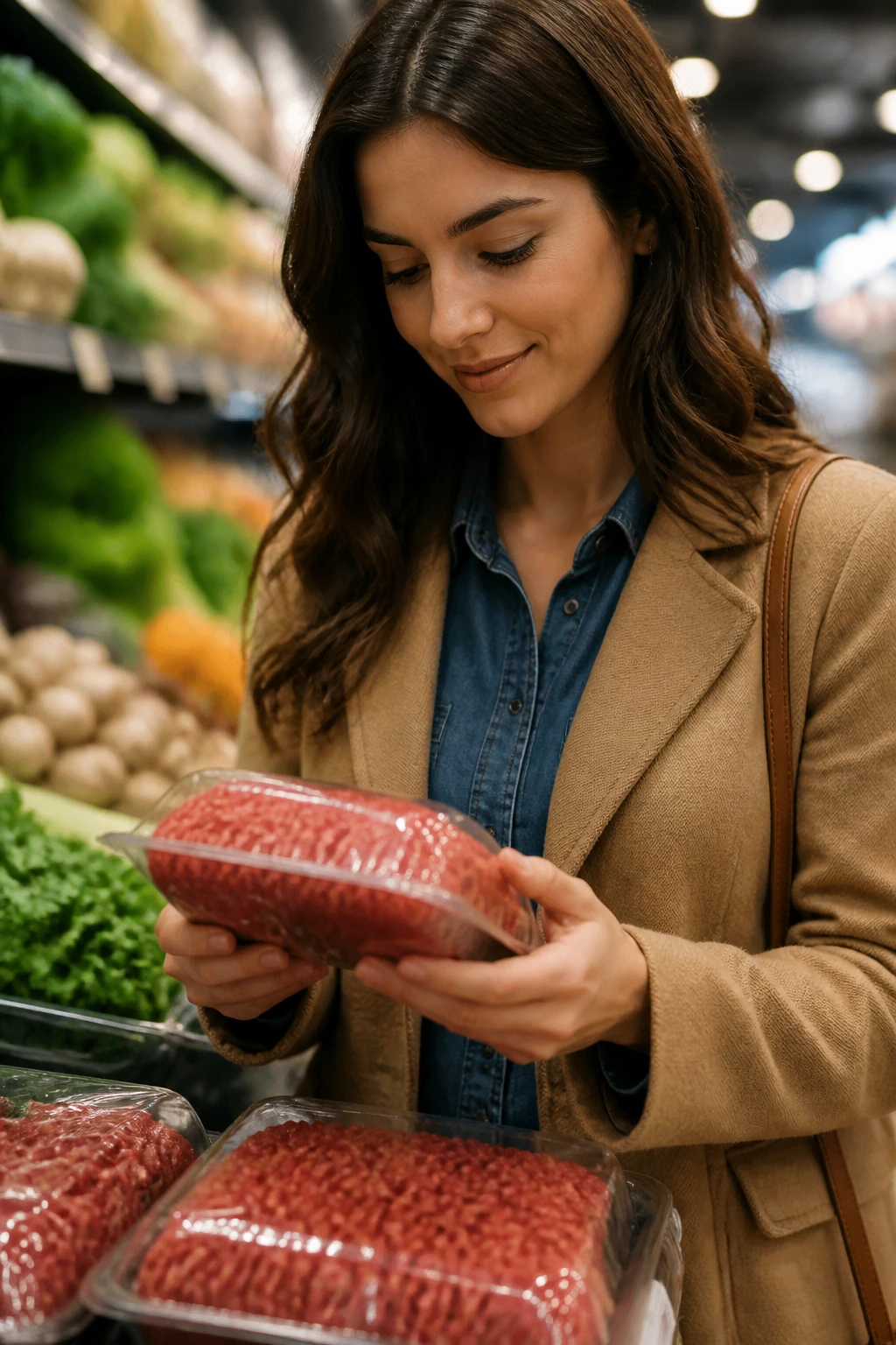 Grocery shopper selecting fresh produce in a store aisle