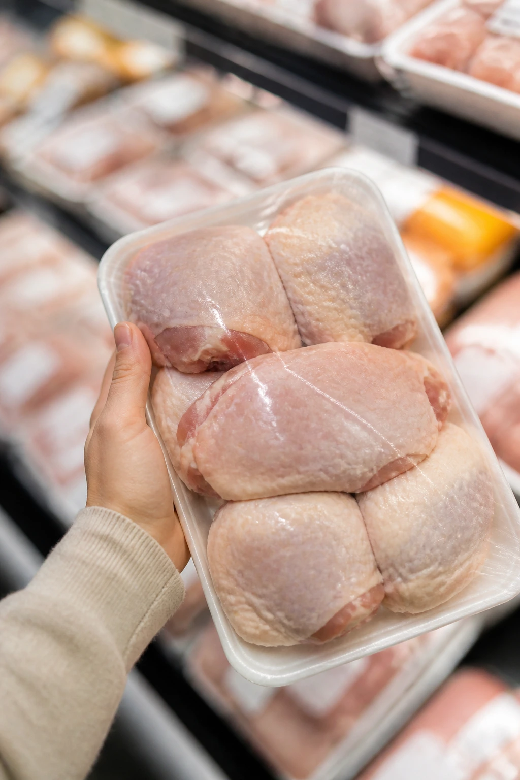 Hand selecting chicken thighs in a grocery store to illustrate smart shopping tips.