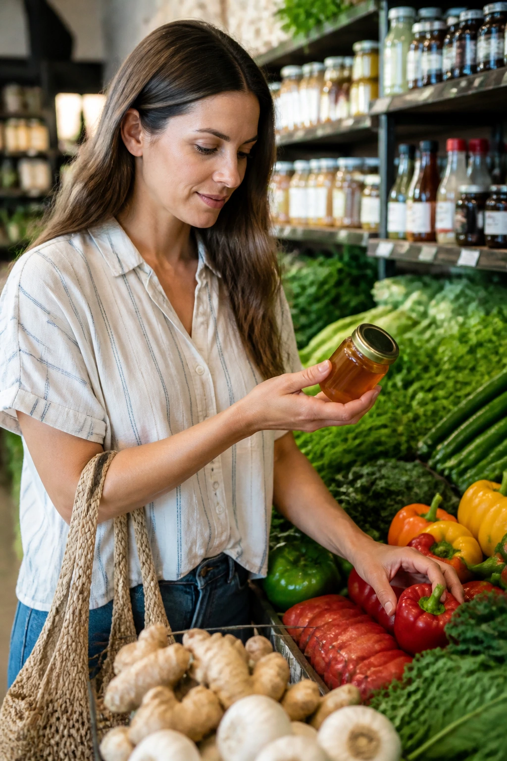 Person shopping in a bright grocery store with fresh produce.