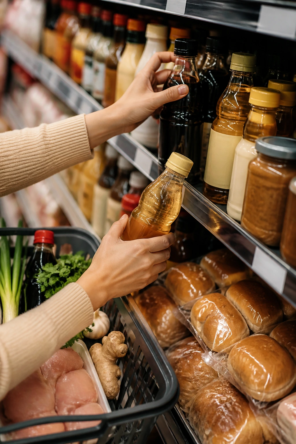 Hands selecting soy sauce, mirin, buns and miso from grocery shelves