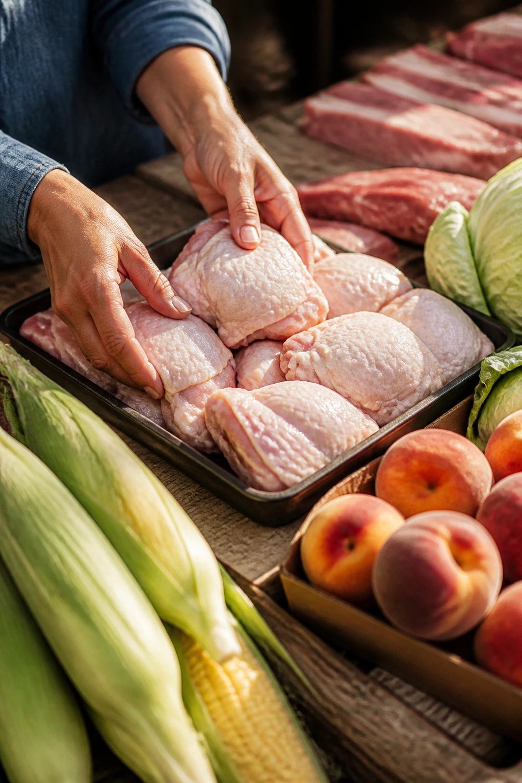 Hands selecting chicken thighs at a market counter with fresh corn peaches and cabbage nearby
