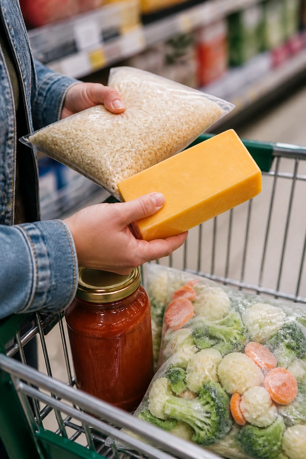 Hands selecting key ingredients in a grocery store