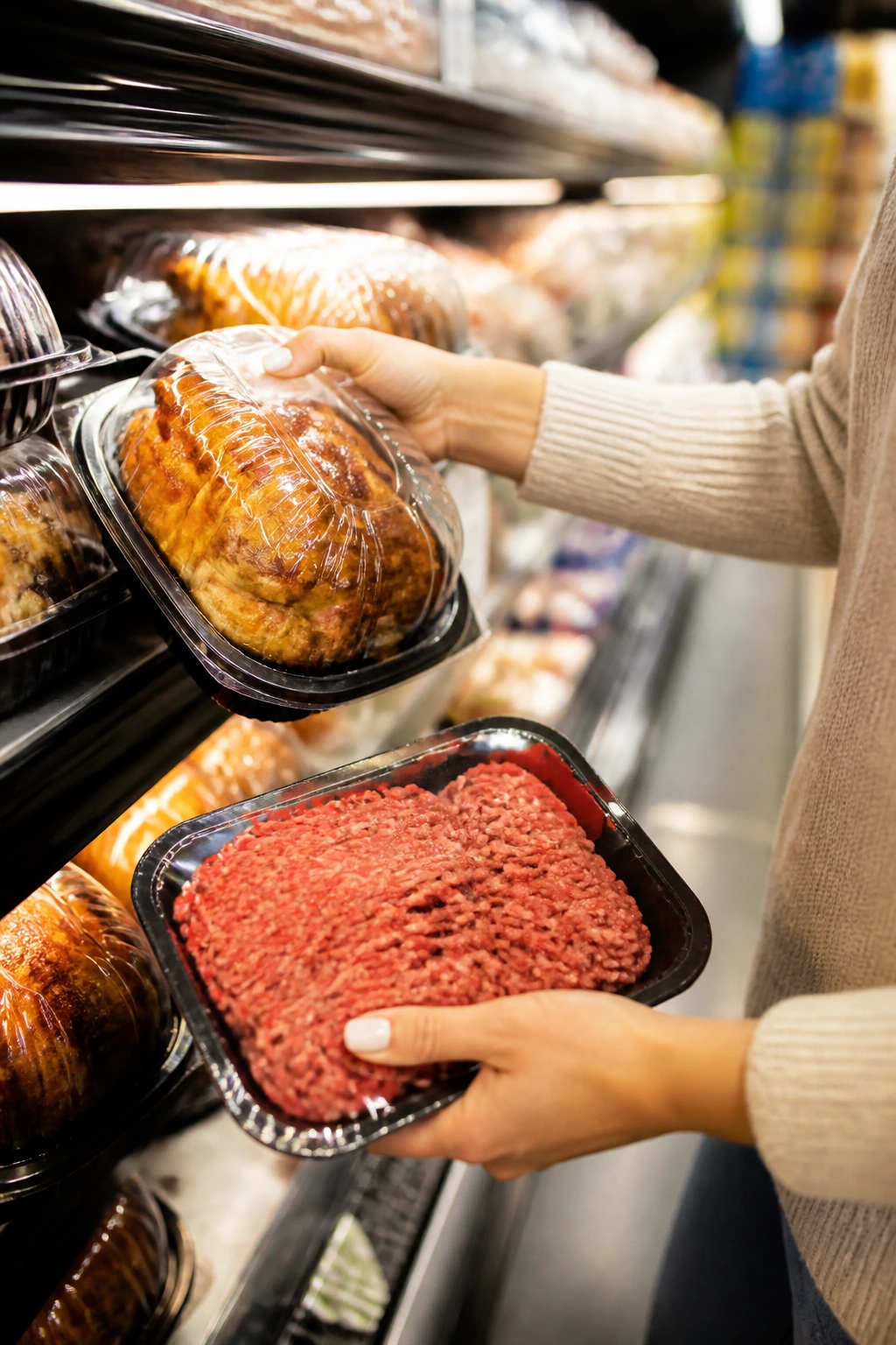 Hands of a shopper selecting chicken and beef in a grocery store