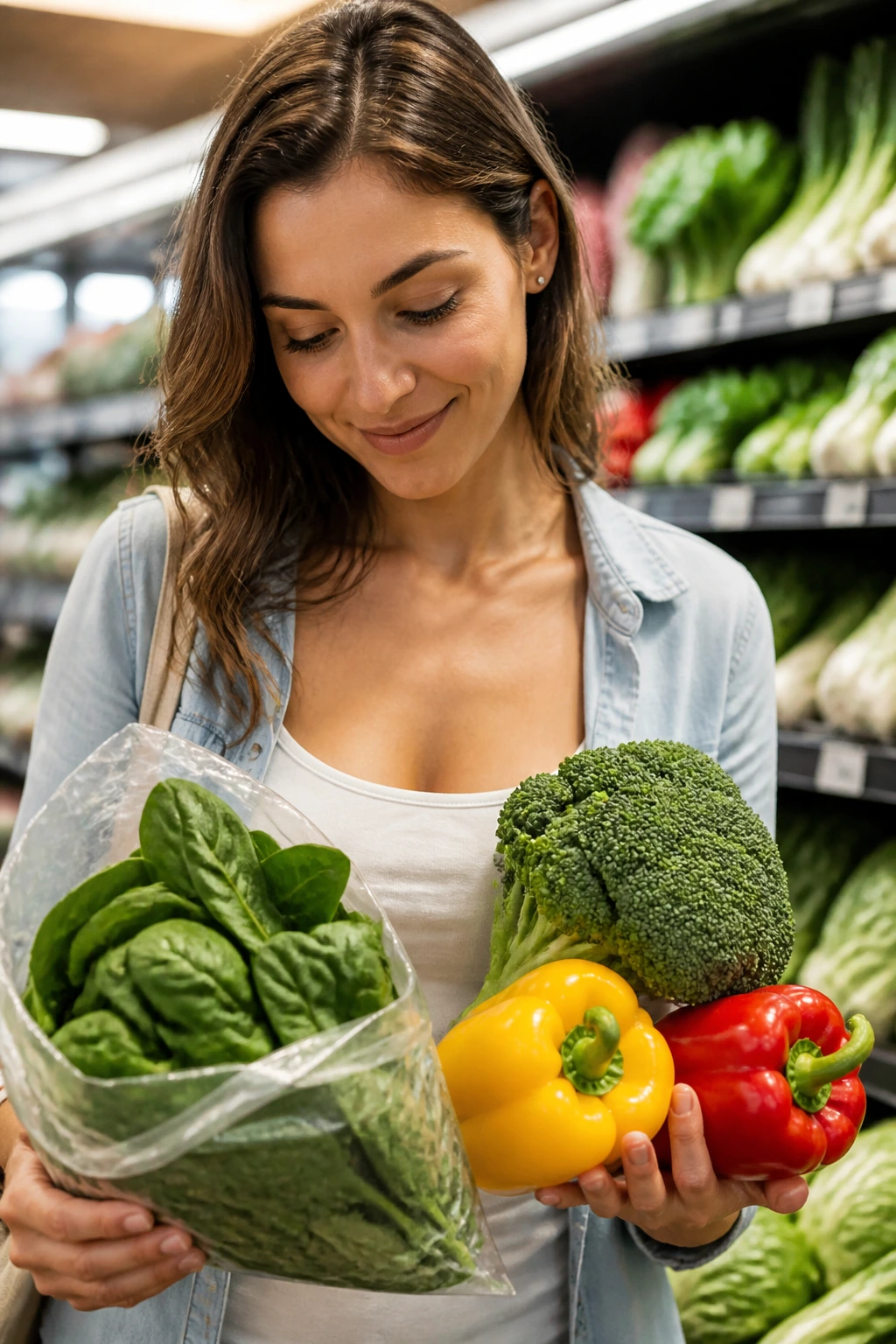 Person shopping for lean produce in a grocery store