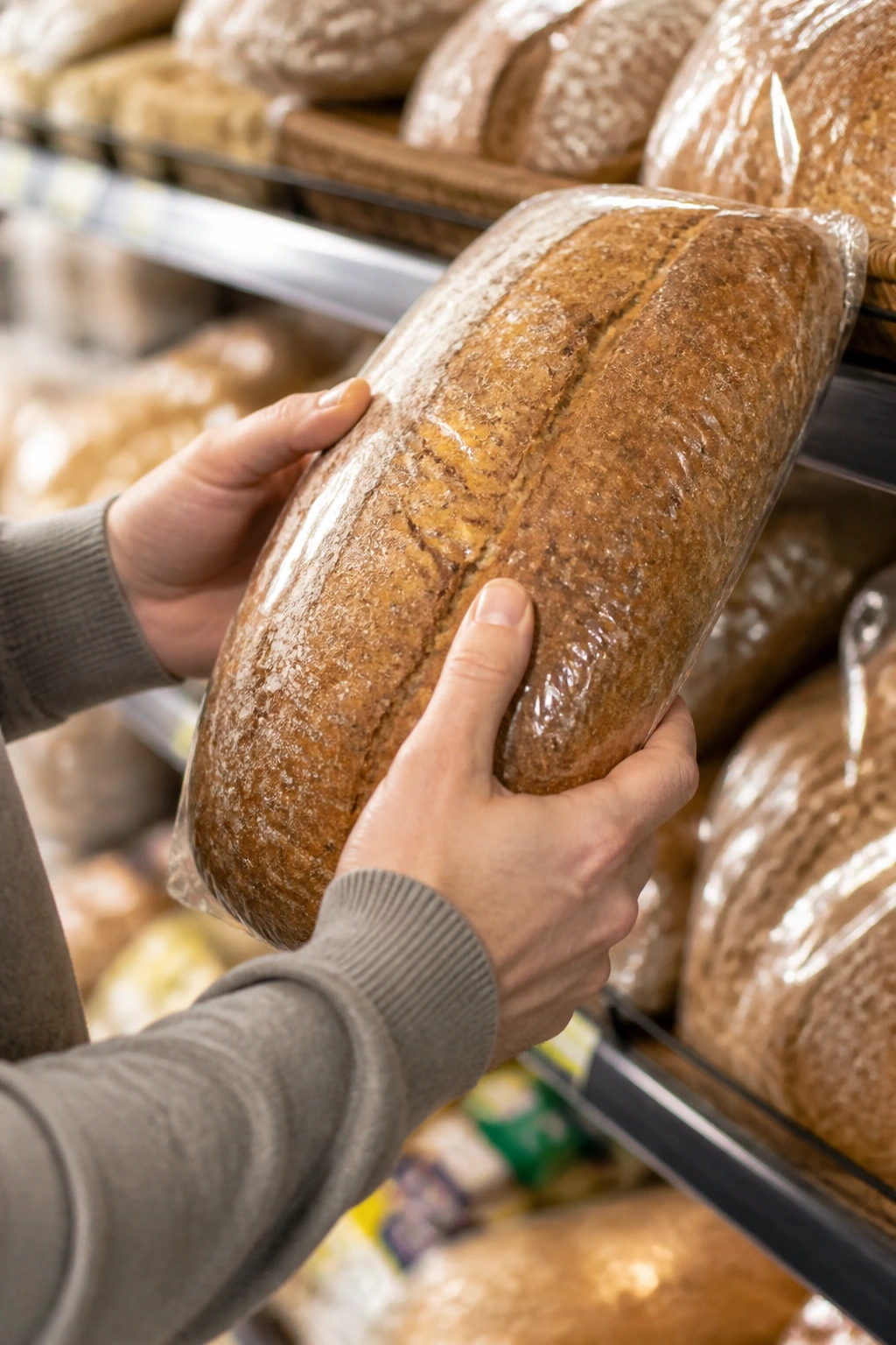 Hands selecting bread in a grocery store aisle for picnic supplies