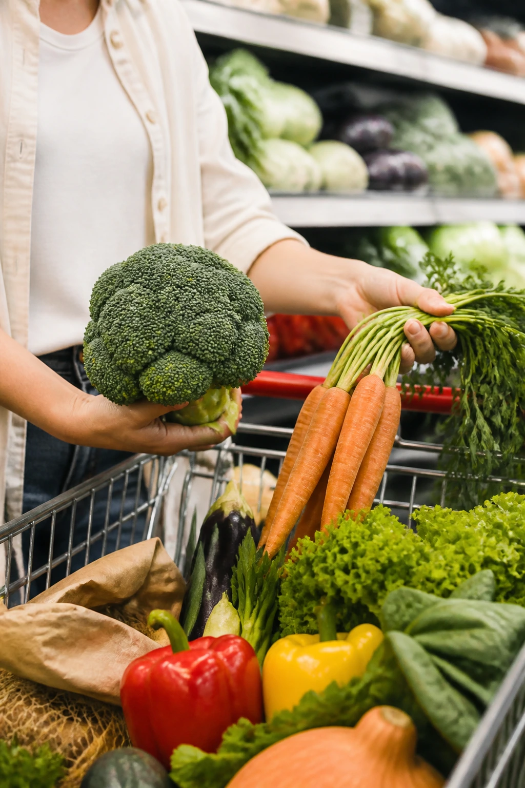 Hands selecting fresh produce at a grocery store