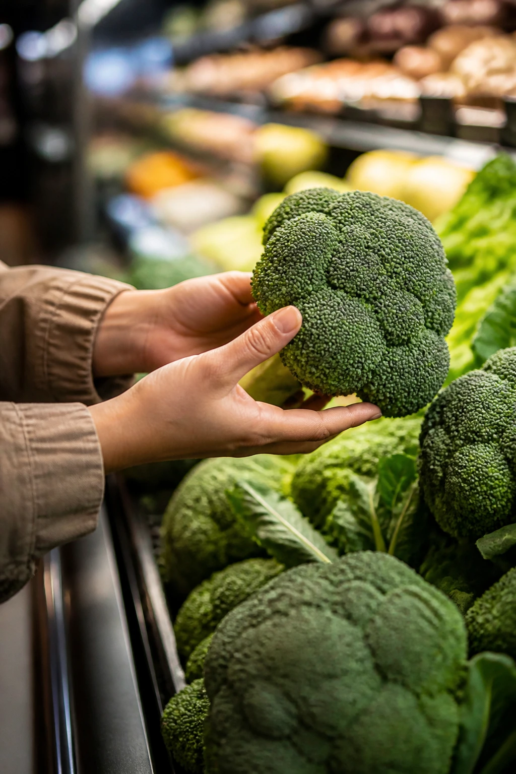 Hands selecting fresh broccoli at a grocery store