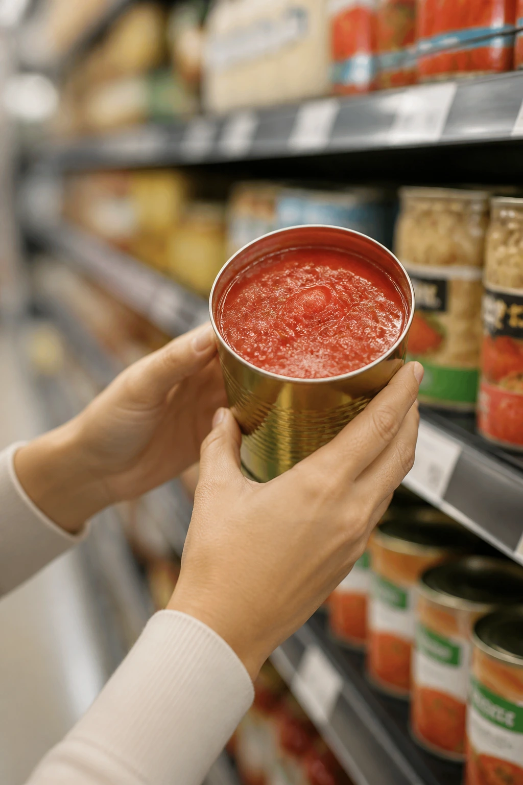 Hands selecting canned tomatoes in a grocery store aisle